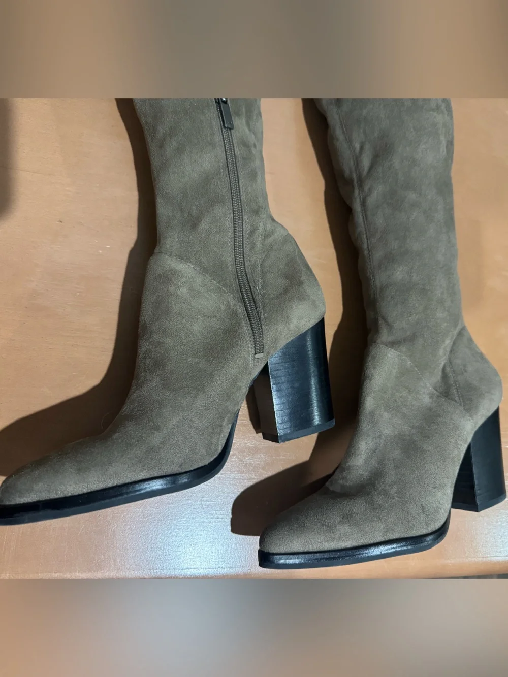 Marc Fisher Thigh High Suede Block Heel Boots in Taupe